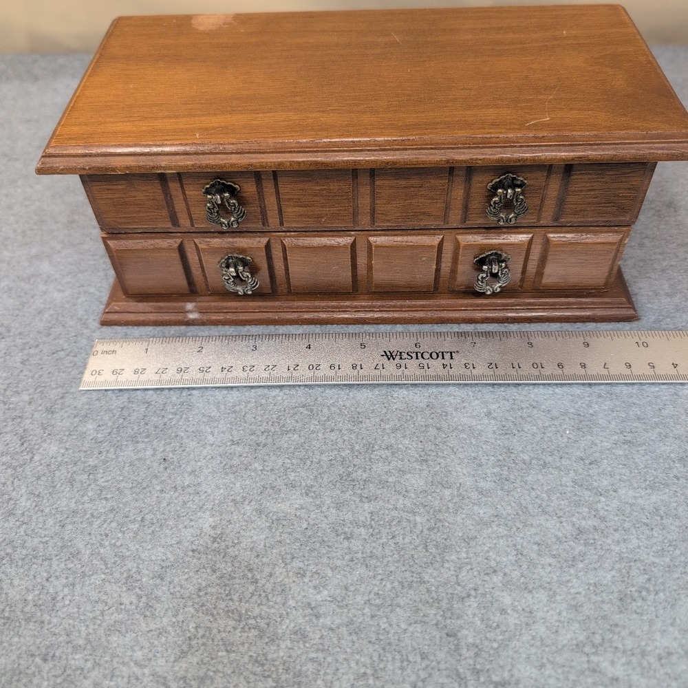 Vintage Wood Jewelry Box Organizer Two Drawer Ring Holder Ornate Pulls 10" Wide - Picture 2 of 8